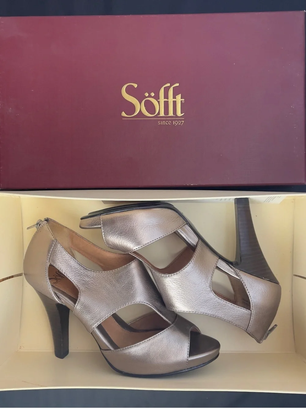 Söfft Metallic Taupe Cutout Peep-Toe Heels